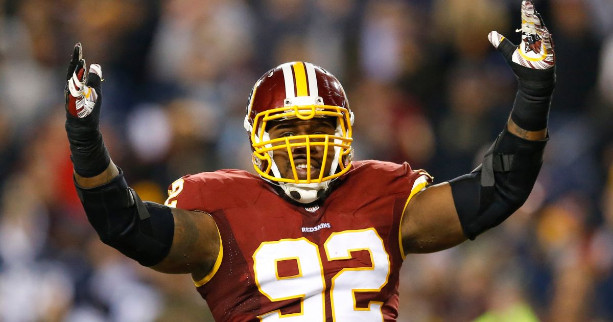 Washington Redskins defensive end Chris Baker (92) reacts to a play during the second half of an NFL football game against the Dallas Cowboys in Landover, Maryland, on Dec. 7, 2015.