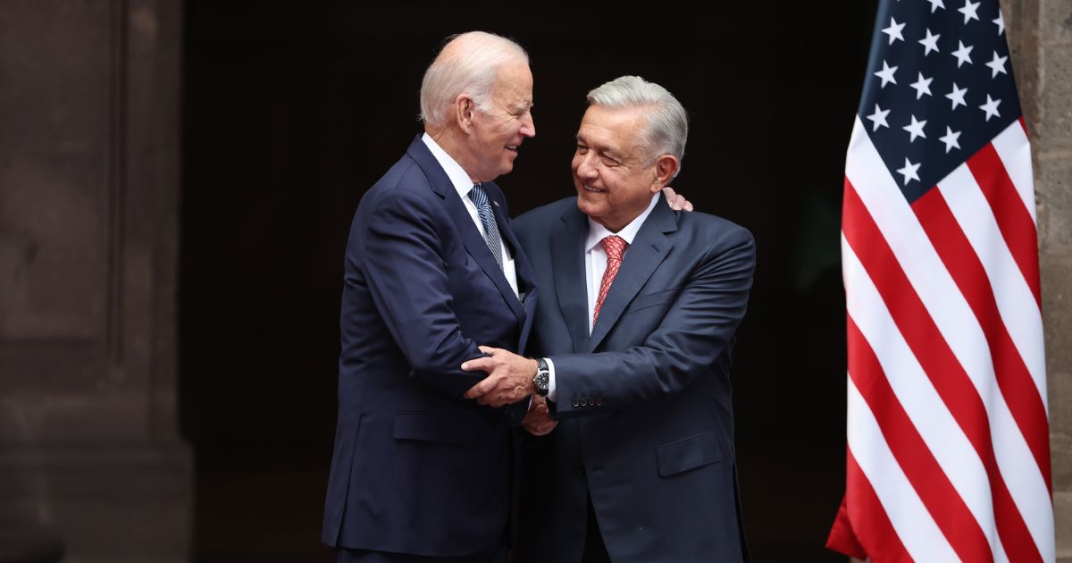 President Joe Biden and President of Mexico Andres Manuel Lopez Obrador shake hands during a welcome ceremony as part of the '2023 North American Leaders' Summit at Palacio Nacional on Monday in Mexico City, Mexico.