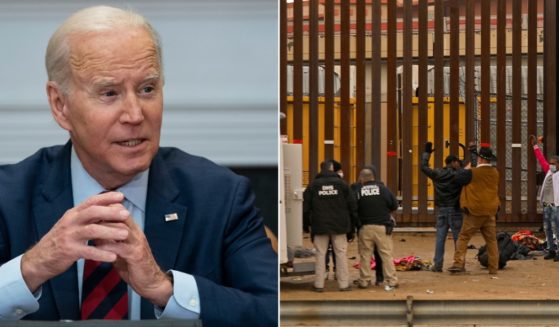 President Joe Biden, pictured, left, at the White House on Tuesday, has implemented policies on illegal immigration that are even leaving liberal mayors frustrated at the tide of migrants washing over the country. Right, illegal immigrants are arrested after crossing the border.