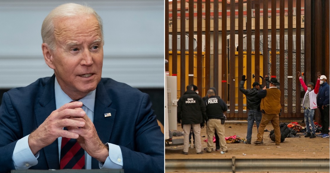 President Joe Biden, pictured, left, at the White House on Tuesday, has implemented policies on illegal immigration that are even leaving liberal mayors frustrated at the tide of migrants washing over the country. Right, illegal immigrants are arrested after crossing the border.
