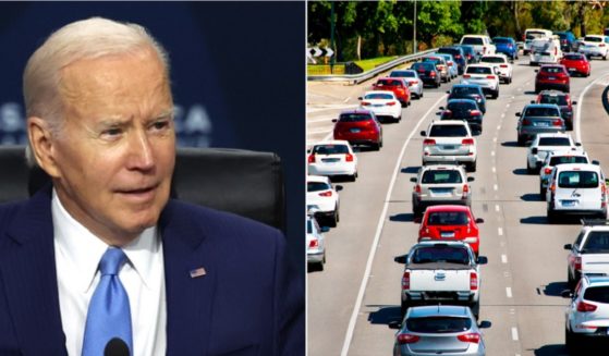 President Joe Biden, left; stock photo of highway traffic, right.