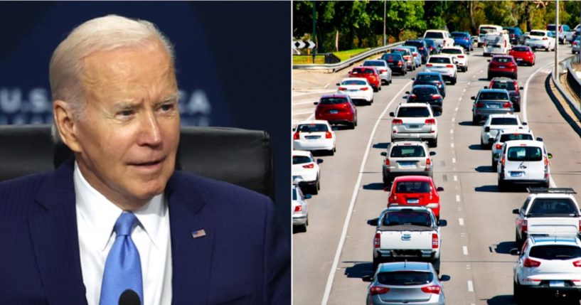 President Joe Biden, left; stock photo of highway traffic, right.