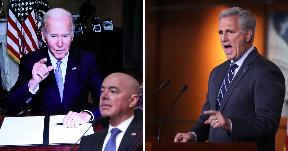 (Left) Joe Biden and Alejandro Mayorkas at a meeting of the Task Force on Reproductive Healthcare Access during an event at the White House complex August 3, 2022. (Right) Kevin McCarthy holds his weekly news conference at the U.S. Capitol June 13, 2019 in Washington, DC. (Win McNamee - Chip Somodevilla / Getty Images)