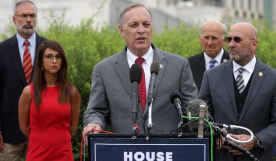 Chair of the Freedom Caucus U.S. Andy Biggs speaks as caucus members listen during a news conference in front of the U.S. Capitol Aug. 31, 2021, in Washington, D.C.