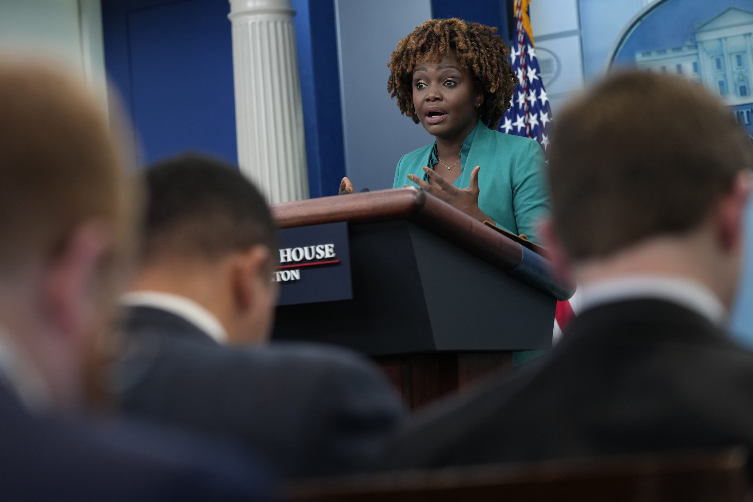 White House press secretary Karine Jean-Pierre speaks during Friday's briefing at the White House.