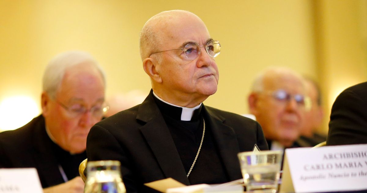 In this Nov. 16, 2015, file photo, Archbishop Carlo Maria Vigano, Apostolic Nuncio to the U.S., at the U.S. Conference of Catholic Bishops' annual fall meeting in Baltimore.