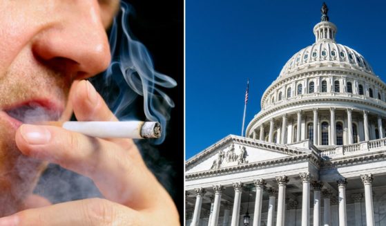 A man smokes a cigarette in the stock image on the left. The U.S. Capitol is seen on the right.