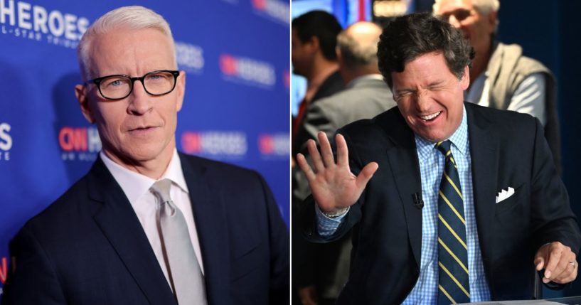 On the left, Anderson Cooper attends the 16th annual CNN Heroes: An All-Star Tribute at the American Museum of Natural History on Dec. 11, 2022, in New York City. On the right, Tucker Carlson onstage during the 2022 FOX Nation Patriot Awards at Hard Rock Live at Seminole Hard Rock Hotel & Casino Hollywood on Nov. 17, 2022, in Hollywood, Florida.