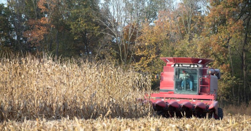 Someone harvests corn on a farm on October 22, 2015, near Burlington, Iowa.