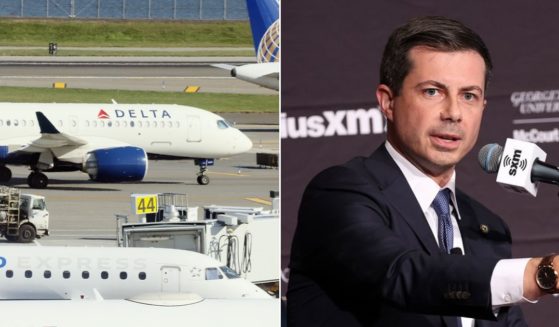 A Delta Airlines plane on the ground, left; Transportation Secretary Pete Buttigieg, right.