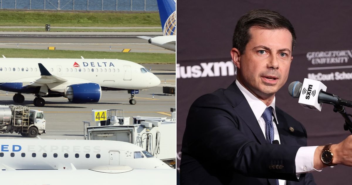 A Delta Airlines plane on the ground, left; Transportation Secretary Pete Buttigieg, right.