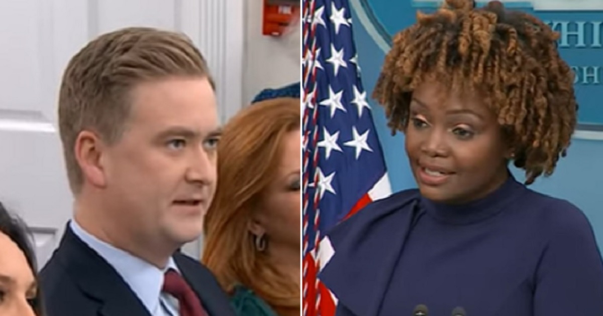 Fox News' Peter Doocy questions White House press secretary Karine Jean-Pierre during a news briefing Monday.