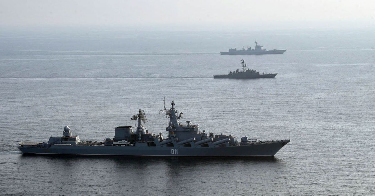 Russian and Chinese warships participate in a joint military drill with the Iranian military in the Indian Ocean on Jan. 21, 2022.