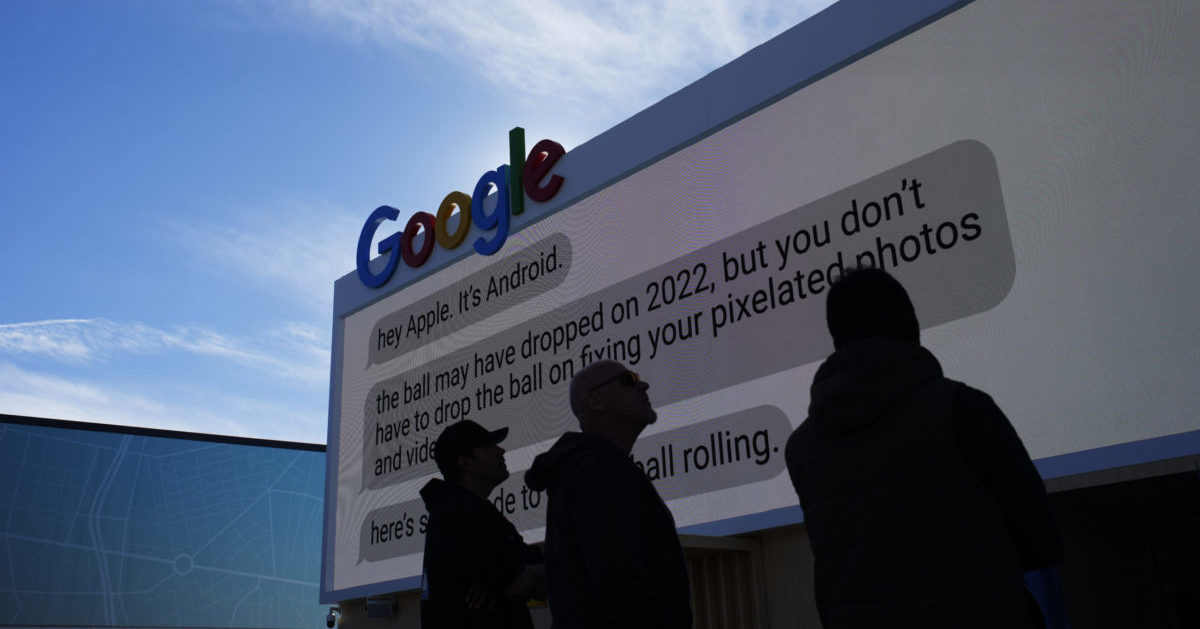 Workers setting up the Google booth at the Las Vegas Convention Center before the start of the CES tech show