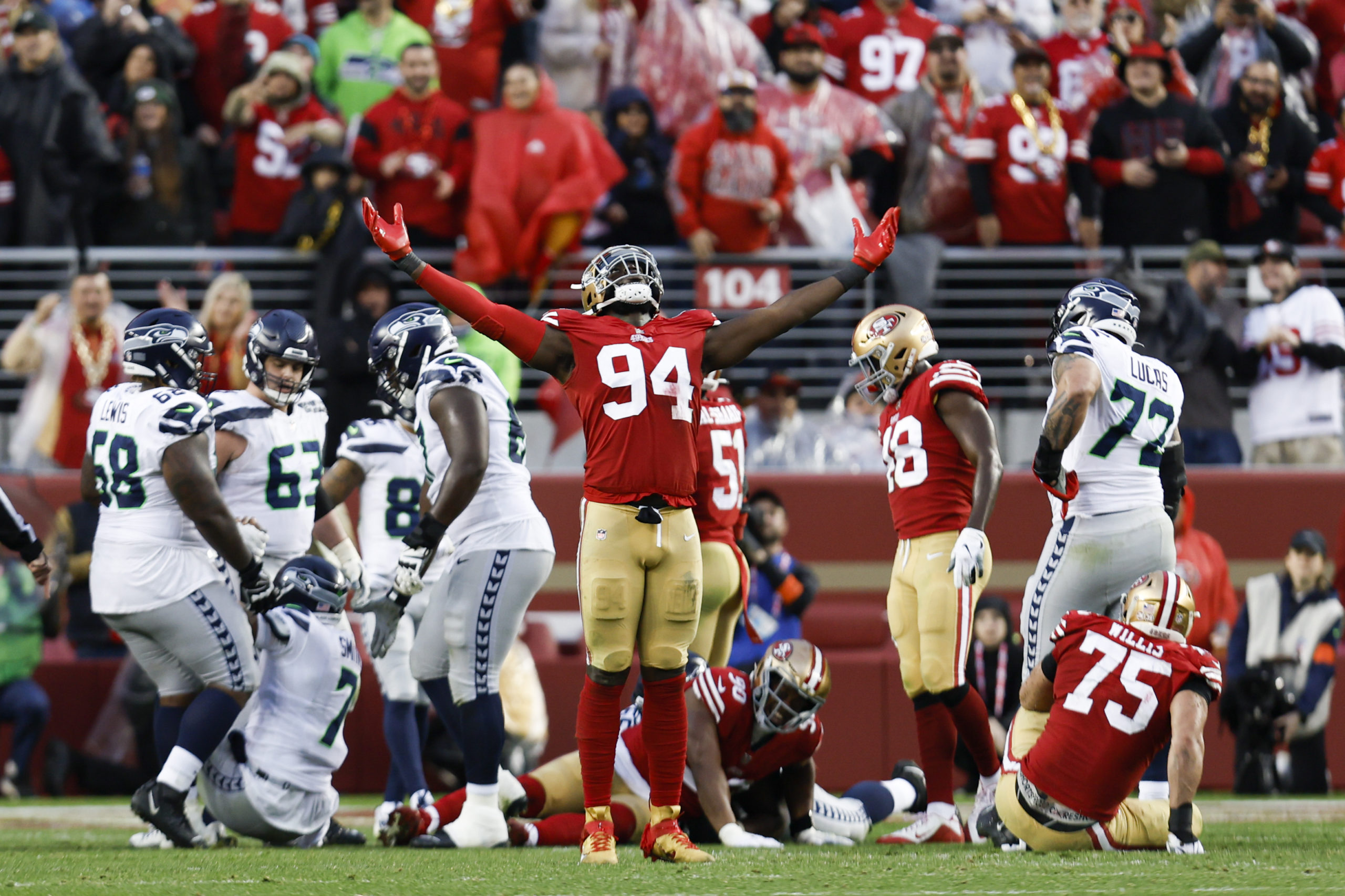 San Francisco 49ers defensive end Charles Omenihu, number 94, celebrates during the NFL wild card playoff game against the Seattle Seahawks in Santa Clara, California, on Jan. 14.