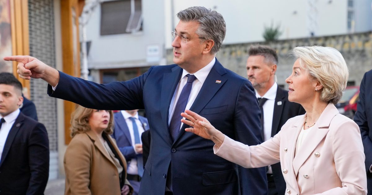 Croatia's Prime Minister Andrej Plenkovic welcomes Ursula von der Leyen, President of the European Commission in Zagreb, Croatia, on Sunday.