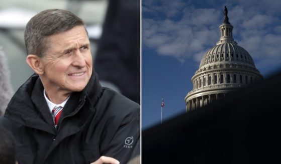 Retired Army Gen. Michael Flynn, left; the Capitol partially in shadow, right.