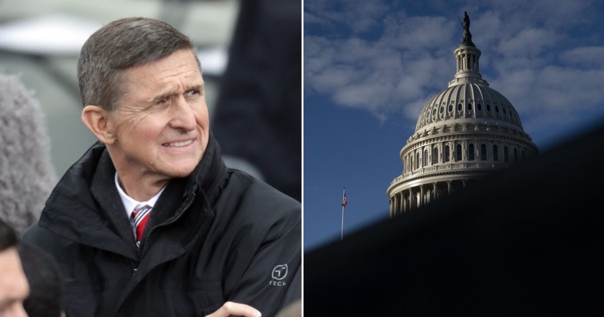 Retired Army Gen. Michael Flynn, left; the Capitol partially in shadow, right.