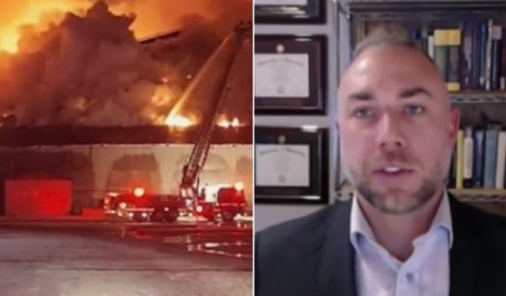 A fire burns at an egg plant in Buena Vista, Iowa, in March, left; epidemiologist Andrew Huff, right, offers his opinion on what is causing the food plant fires in America.