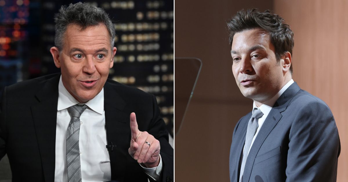 On the left, Greg Gutfeld hosts "Gutfeld!" at FOX Studios on Oct. 12, 2022, in New York City. Jimmy Fallon, right, speaks on stage at Variety's 2022 Power Of Women: New York Event Presented by Lifetime at The Glasshouse on May 5, 2022, in New York City.