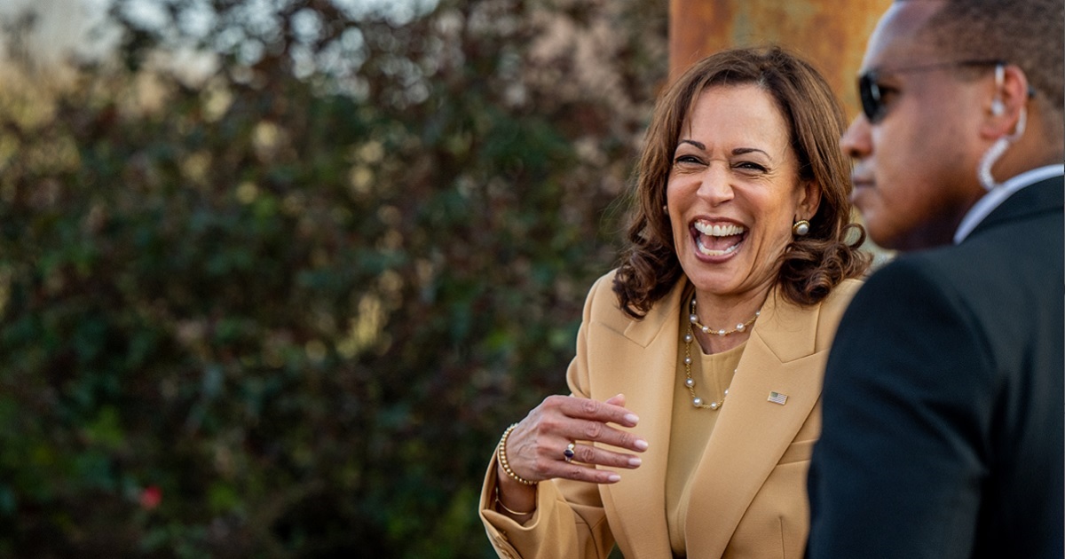Vice President Kamala Harris laughs in a file photo taken at the March commemoration of the 57th anniversary of "Bloody Sunday," a clash between civil rights protesters and authorities at the Edumund Pettus Bridge in Selma, Alabama.