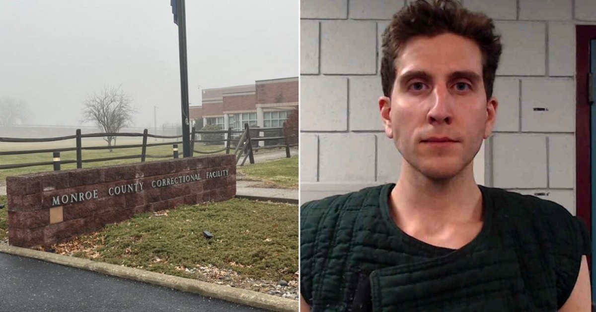 The exterior of the Monroe County, Pennsylvania, Correctional Facility, left; murder suspect Bryan Kohberger, right.