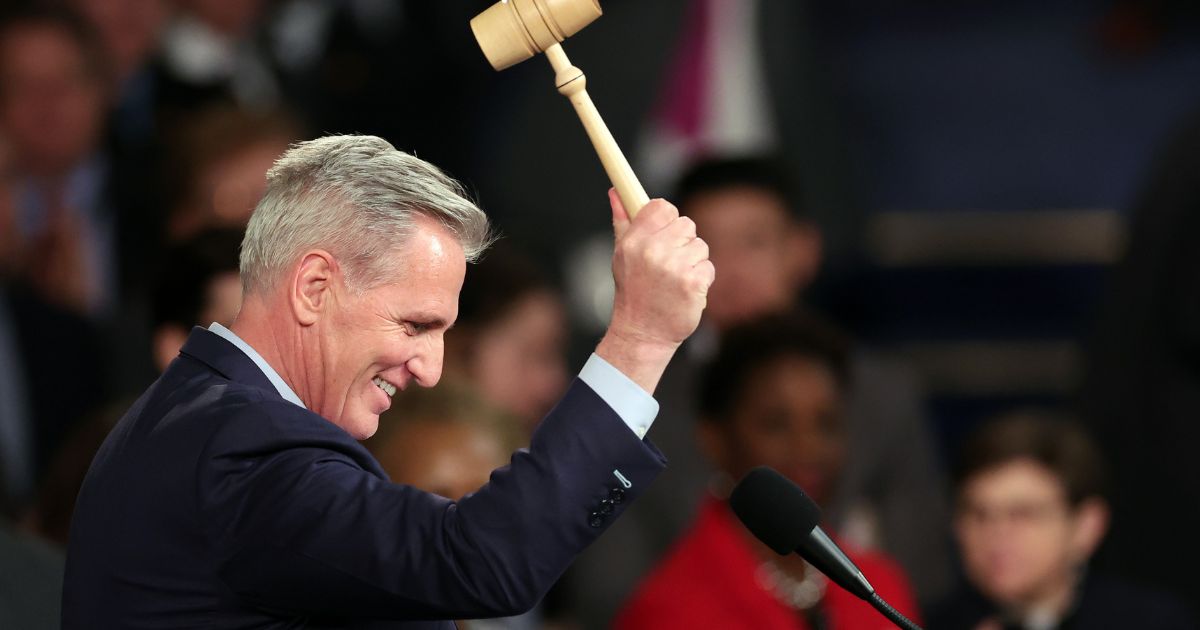 Speaker of the House Kevin McCarthy (R-CA) celebrates with the gavel after being elected as Speaker in the House Chamber at the U.S. Capitol Building on Saturday in Washington, D.C.