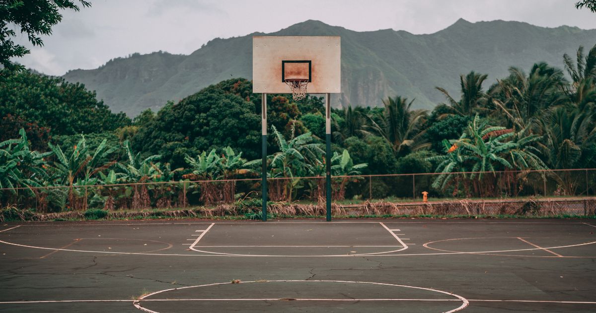 a basketball court in a tropical location