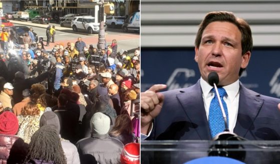 Protesters in Philadelphia, left, show up to demonstrate against Florida Gov. Ron DeSantis, right.