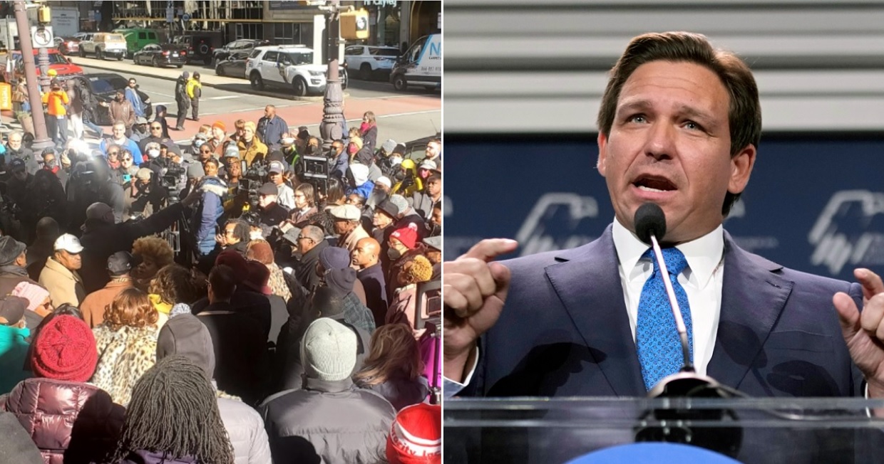 Protesters in Philadelphia, left, show up to demonstrate against Florida Gov. Ron DeSantis, right.