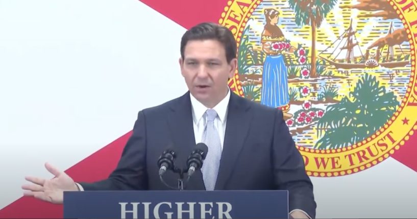 Florida Gov. Ron DeSantis addresses reporters at a news conference Tuesday in Bradenton.