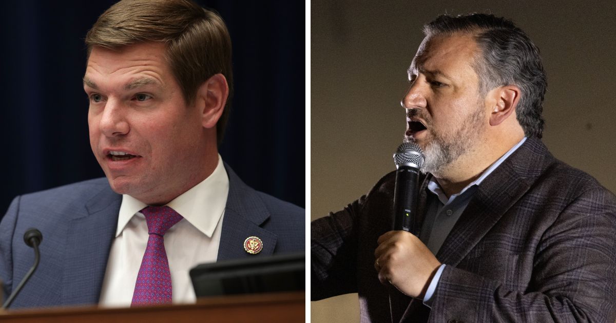 Eric Swalwell (L) speaks in the Rayburn House Office Building on Capitol Hill September 26, 2019 in Washington, DC. Ted Cruz (R) speaks on November 10, 2022 in Canton, Georgia.