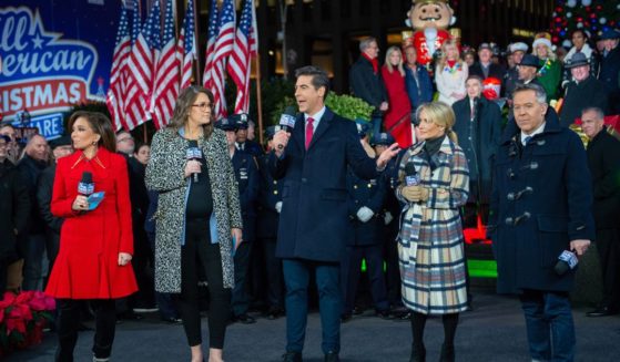 The cast of 'The Five' Jeanine Pirro, Jessica Tarlov, Jesse Watters, Dana Perino, Greg Gutfeld at the new All-American Christmas Tree lighting outside News Corporation at Fox Square on December 9, 2021 in New York City.