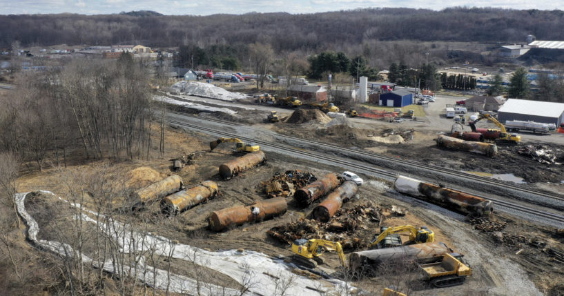 A view of the scene Friday as the cleanup continued at the site of of a Norfolk Southern freight train derailment that happened on Feb. 3 in East Palestine, Ohio.