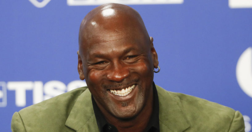 Michael Jordan speaking at a news conference