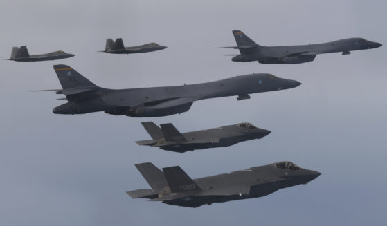 A file photo shows U.S. Air Force B-1B bombers, center, F-22 fighter jets and South Korean Air Force F-35 fighter jets, bottom, flying over the South Korea Peninsula during a joint air drill in South Korea, on Jan. 1. South Korea and the U.S. will hold a table-top exercise at the Pentagon next week to hone their joint response to a potential use of nuclear weapons by North Korea, Seoul officials said Friday.