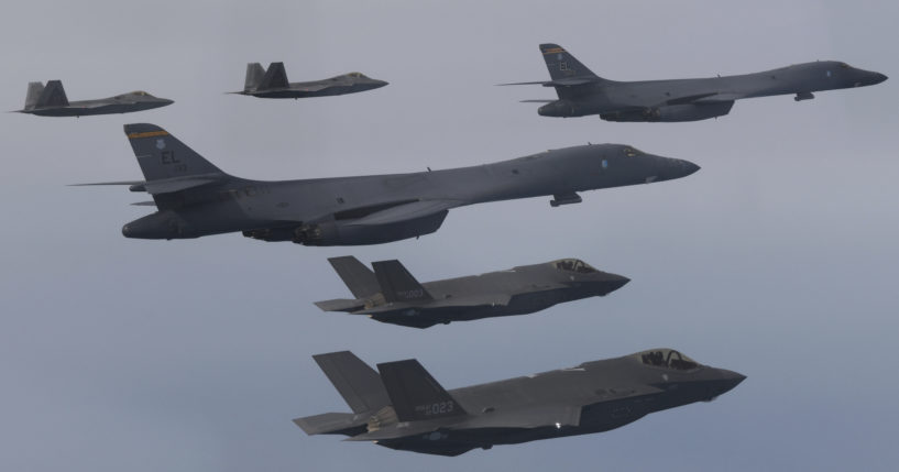 A file photo shows U.S. Air Force B-1B bombers, center, F-22 fighter jets and South Korean Air Force F-35 fighter jets, bottom, flying over the South Korea Peninsula during a joint air drill in South Korea, on Jan. 1. South Korea and the U.S. will hold a table-top exercise at the Pentagon next week to hone their joint response to a potential use of nuclear weapons by North Korea, Seoul officials said Friday.