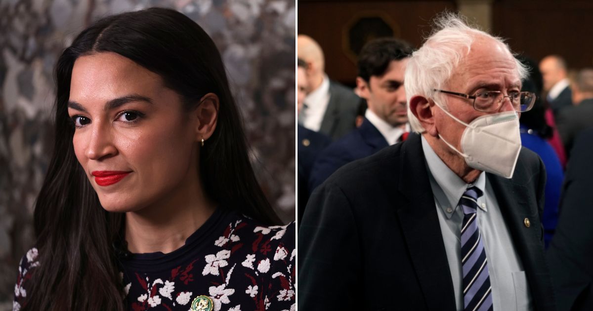 Rep. Alexandria Ocasio-Cortez, left, participates in an interview at the U.S. Capitol on Tuesday in Washington, D.C. Sen. Bernie Sanders arrives in the House chamber of the U.S. Capitol on Tuesday.