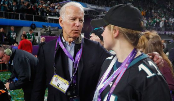 Then-Vice President Joe Biden looks on during the celebrations after the Philadelphia Eagles win over the New England Patriots in Super Bowl LII in 2018.