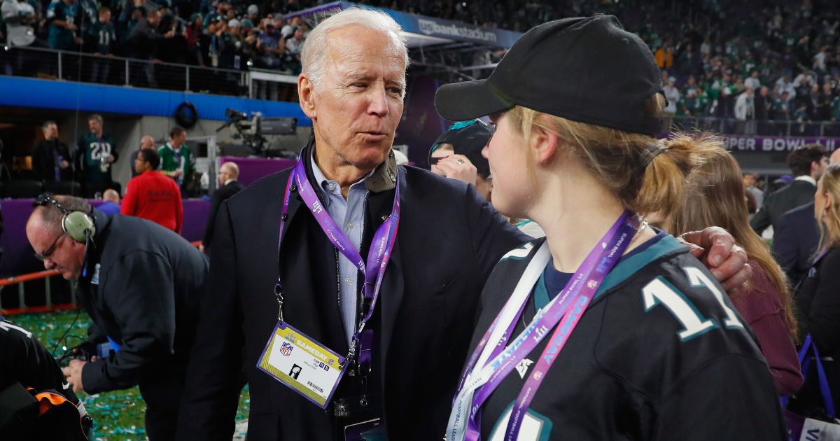 Then-Vice President Joe Biden looks on during the celebrations after the Philadelphia Eagles win over the New England Patriots in Super Bowl LII in 2018.