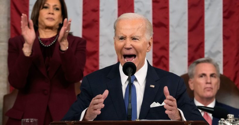 President Joe Biden delivers the State of the Union address to a joint session of Congress as Vice President Kamala Harris and House Speaker Kevin McCarthy listen in the House Chamber of the U.S. Capitol in Washington on Tuesday.