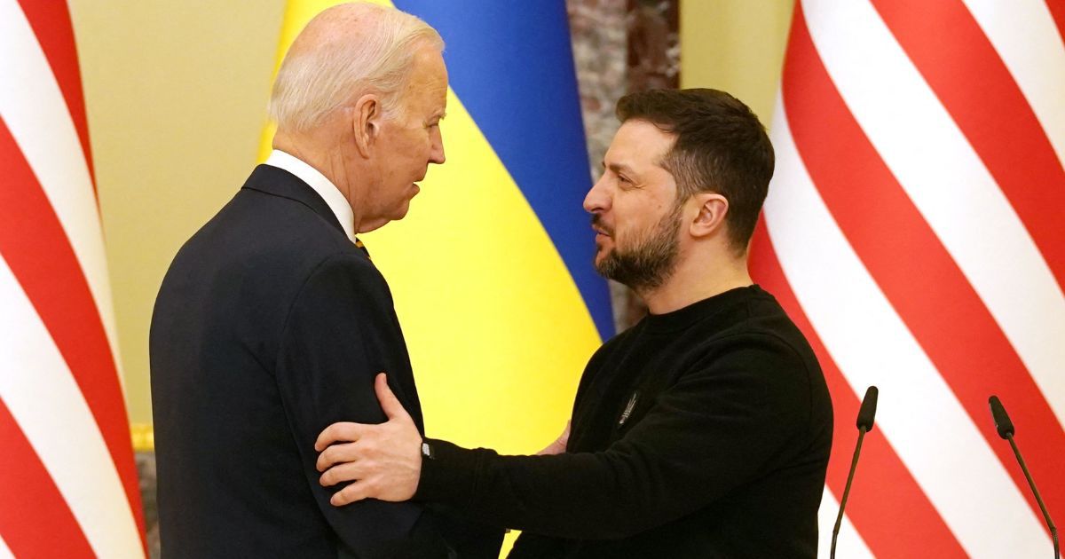 President Joe Biden, left, embraces Ukrainian President Volodymyr Zelenskyy during a joint news conference in Kyiv, Ukraine, on Monday.