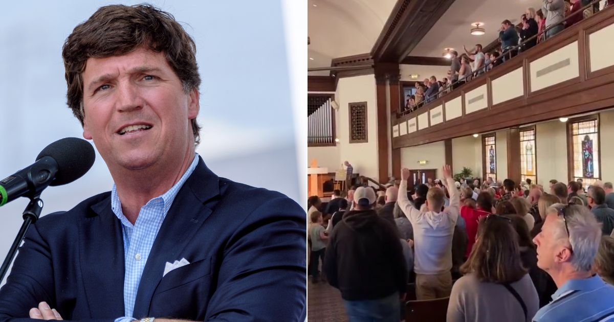 Fox News host Tucker Carlson, left, planned to make a trip to Asbury College in Kentucky, where a spontaneous revival broke out at a church on campus, right, two weeks ago.