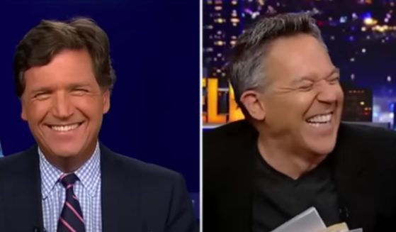 Fox News host Tucker Carlson, left, went on "Gutfeld!" and talked with host Greg Gutfeld, right, about the decline of late-night TV.