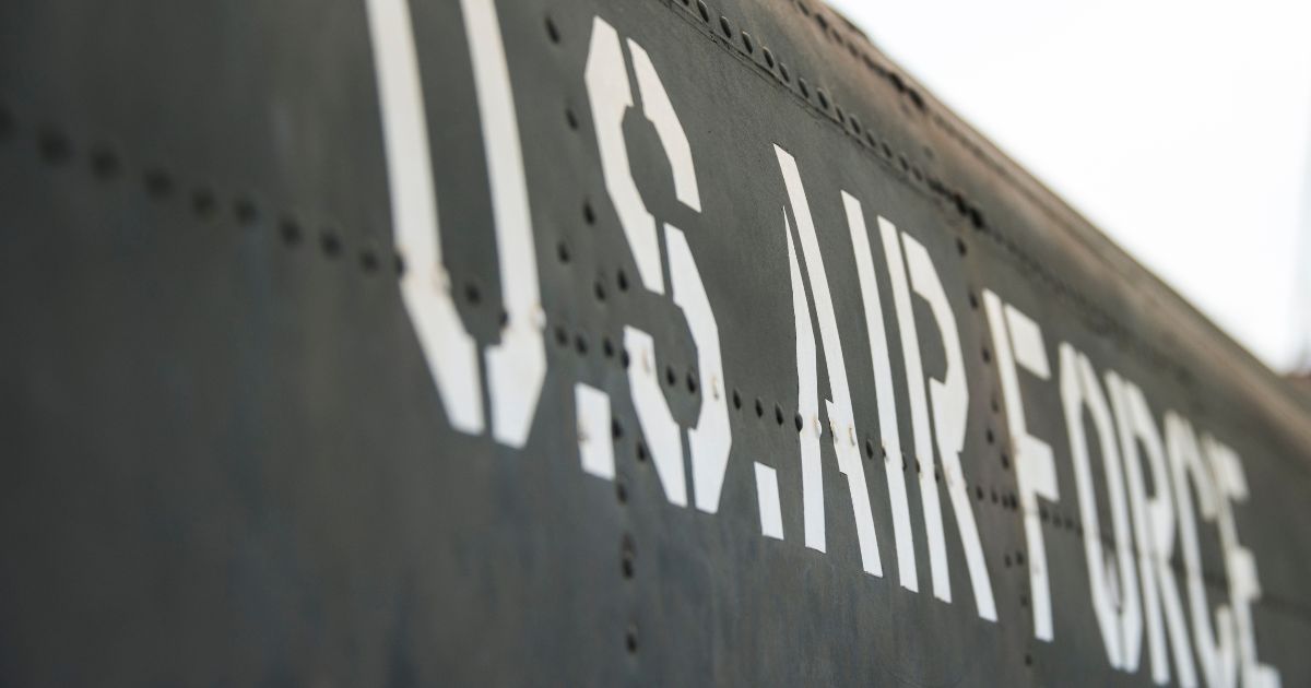 This stock photo depicts United States Air Force lettering seen in Hanoi, Vietnam.