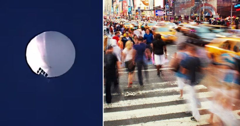 A Chinese balloon floats above the U.S. in the image on the left. Pedestrian walk on a busy sidewalk in the stock image on the right.