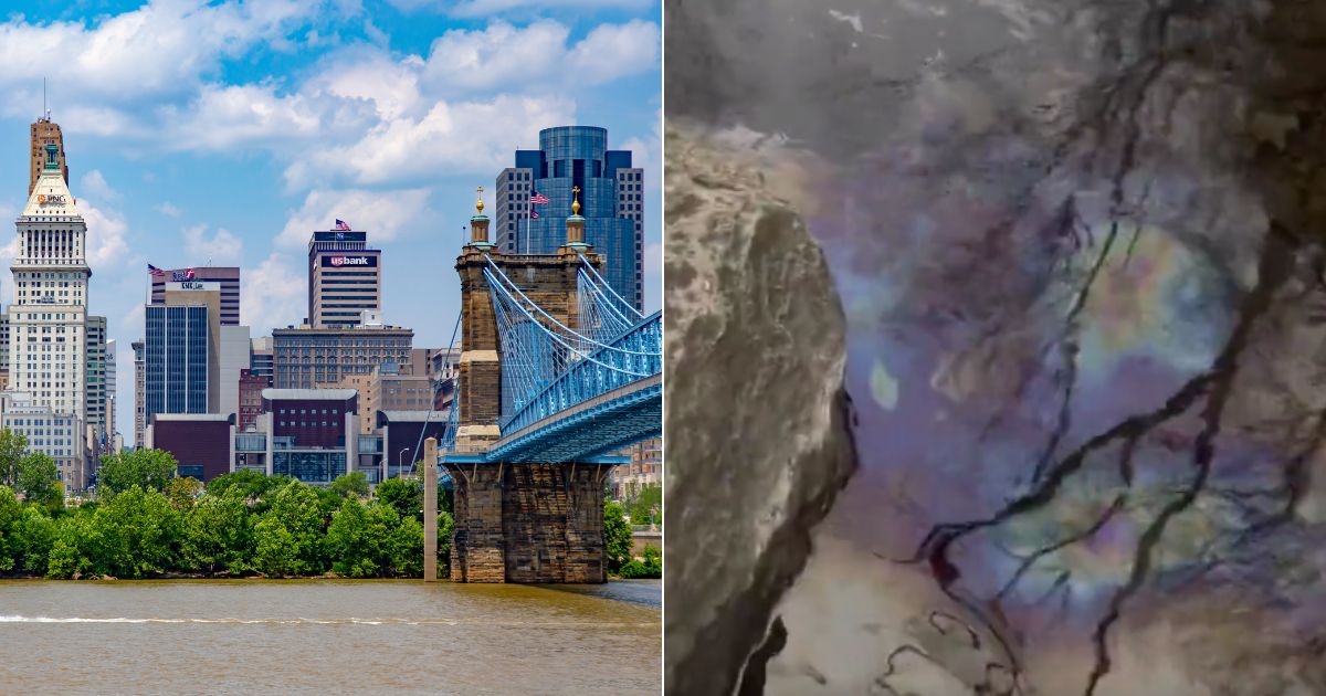 Cincinnati, Ohio, left, has stopped intake from the Ohio River after reports that the water may still be contaminated with chemicals, right, following a train crash in East Palestine, Ohio.