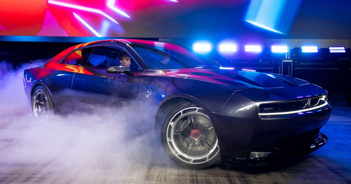 The Dodge Charger Daytona SRT concept all-electric muscle car is shown on Aug. 17, 2022, in Pontiac, Michigan.