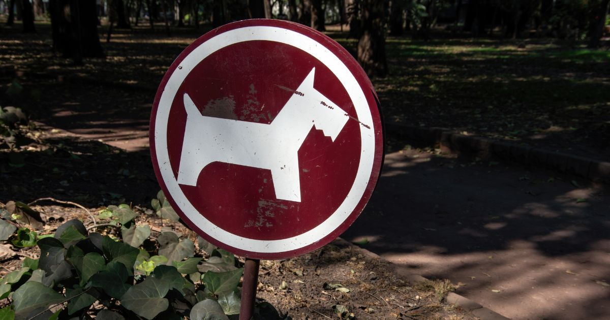 A dog park sign is displayed in a public park in this stock photo.