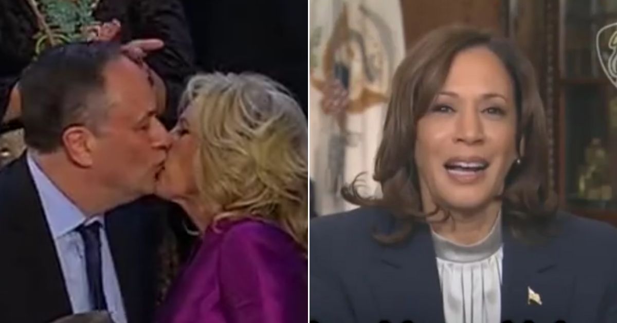 Vice President Kamala Harris, right, was taken aback at a reporter's question about the kiss her husband exchanged Tuesday with first lady Jill Biden.